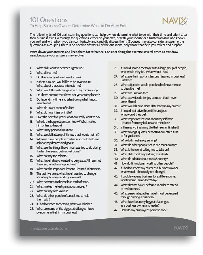 101 Questions to Help Business Owners Determine What to Do After Exit